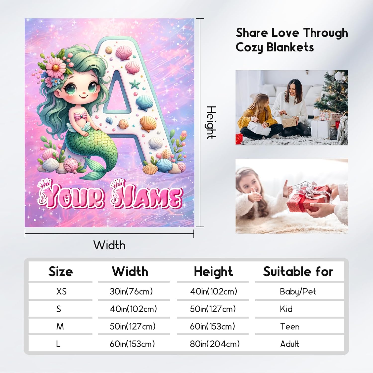 Personalized Blanket for Girls - Mermaid Blankets for Kids Ages 4 5 6 7 8 9-60"x80" Custom Throw with Name Monogrammed Gifts - Flannel Throws Initial Room Decor