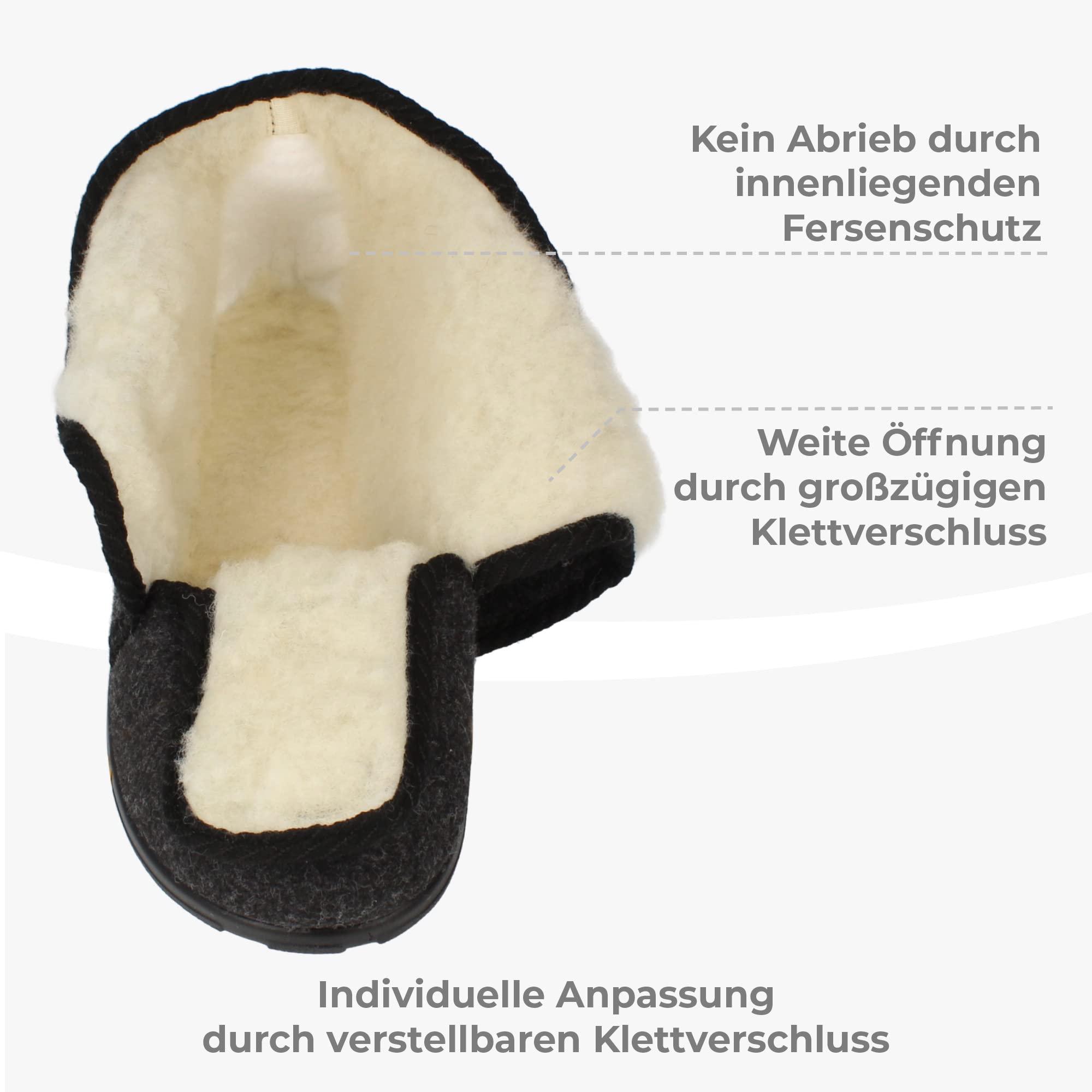 Hedlunda - Hausschuhe - Schafwolle - warm & weich - Klettverschluss - biegsam - grau/weiß - 36 bis 46 EU
