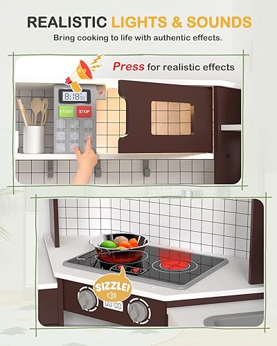 Miniatura 3 de Babytronic Juego de cocina de madera de esquina para niños con luces y sonidos, juego de cocina con estufa, microondas, máquina de hielo y