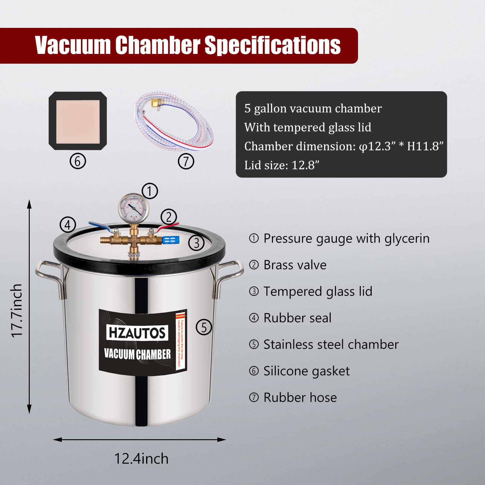 5 Gallonen Vakuumkammer mit gehärtetem Glasdeckel, Vakuum-Entgasungskammer 18.9L, Entgasungskammer aus Edelstahl zur Stabilisierung von Holz, Entgasung von Silikonen