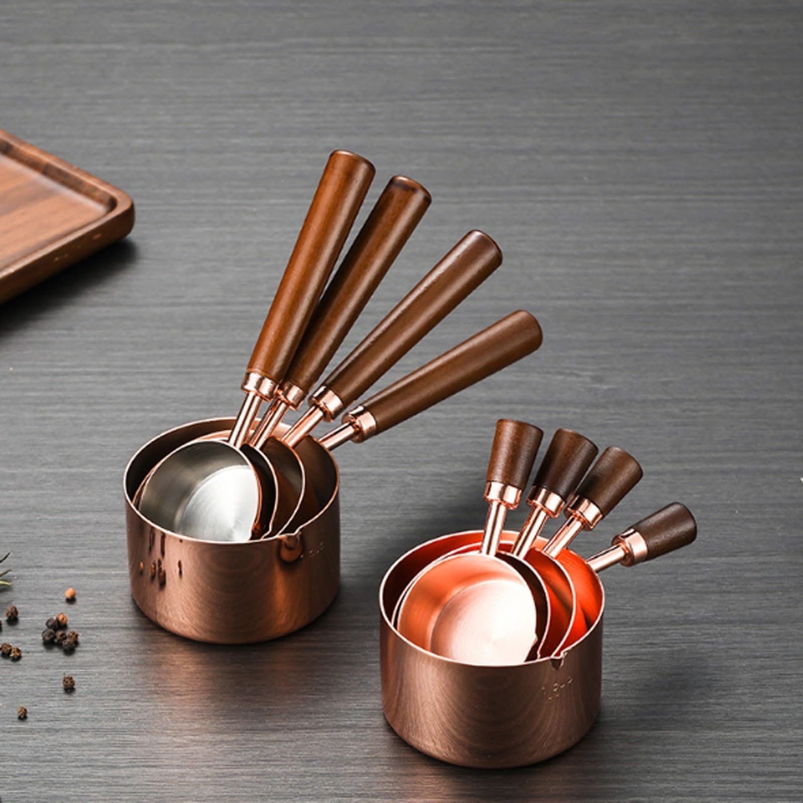 Juego de 4 tazas medidoras de acero inoxidable 304 con mango de madera, for hornear y preparar café, sin goteo.(3.6cm)