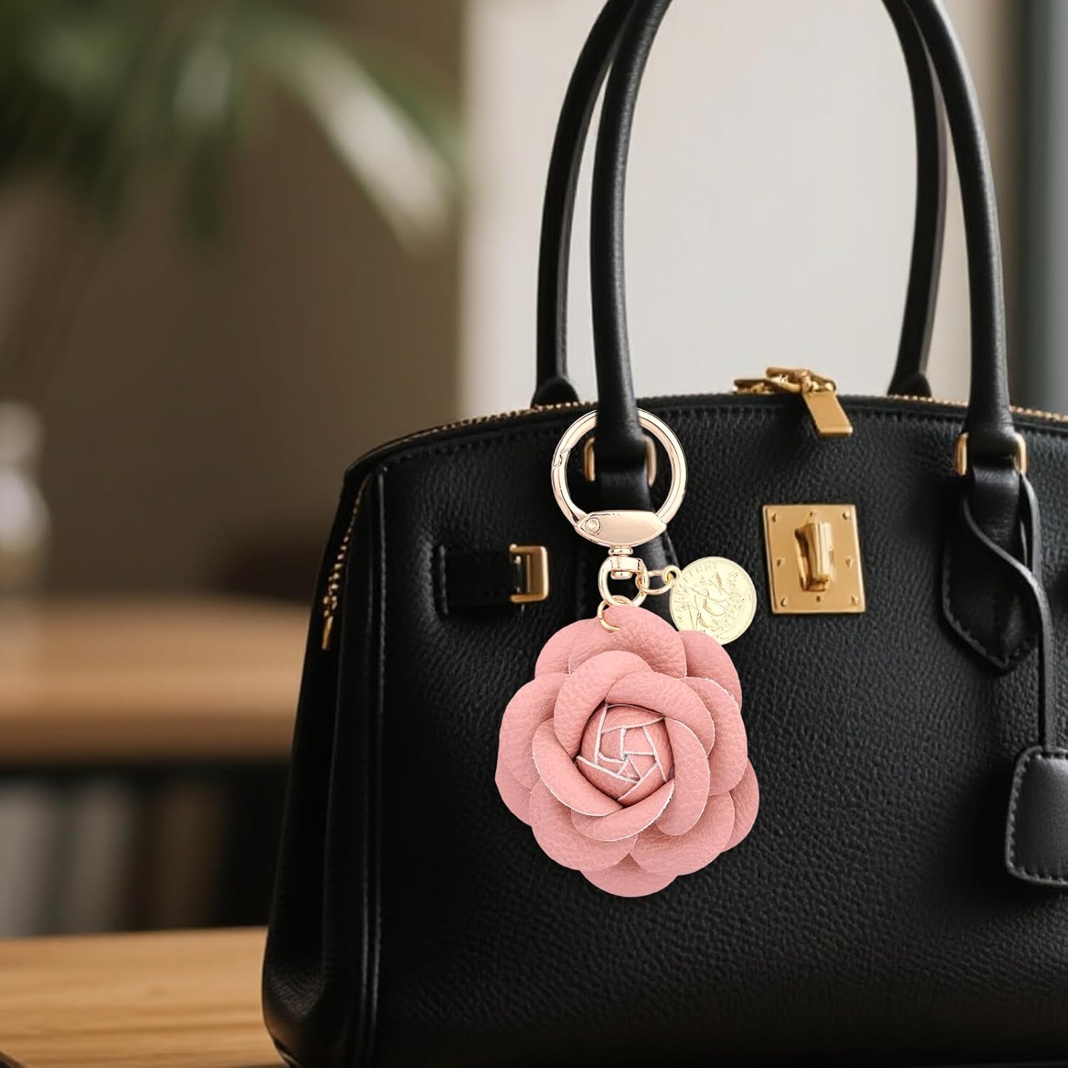 Leather Bag Charm, Pink Key Ring PU Chain Leather Flower Keychain Elegant Rose Purse Charms Floral Keyring for Women Handbags Decoration - Image 6