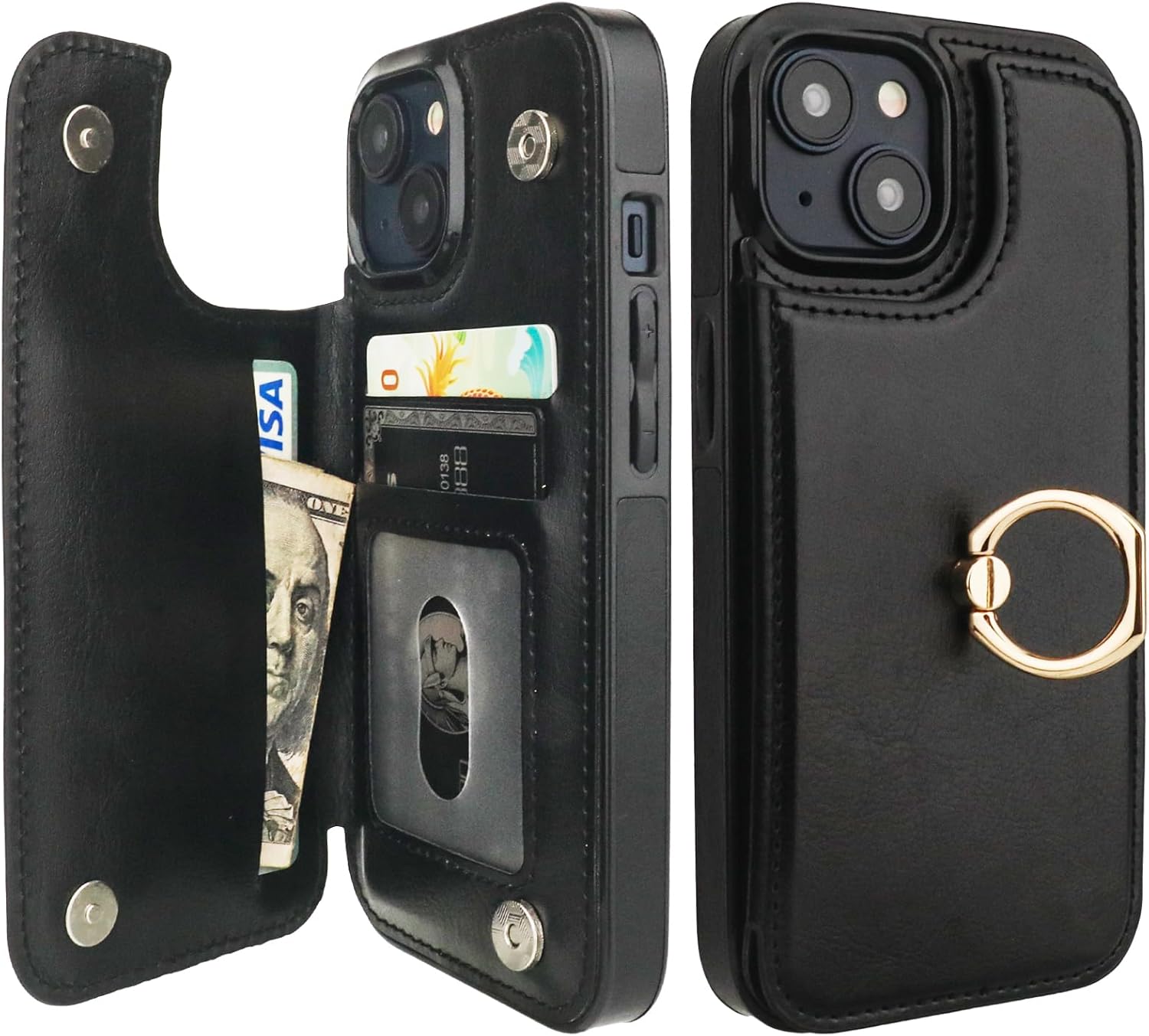 ONETOP for iPhone 15 Wallet Case with Card Holder, 360° Rotation Ring Kickstand RFID Blocking PU Leather Double Magnetic Clasp Shockproof Cover for Women and Girls 6.1 Inch (Black)