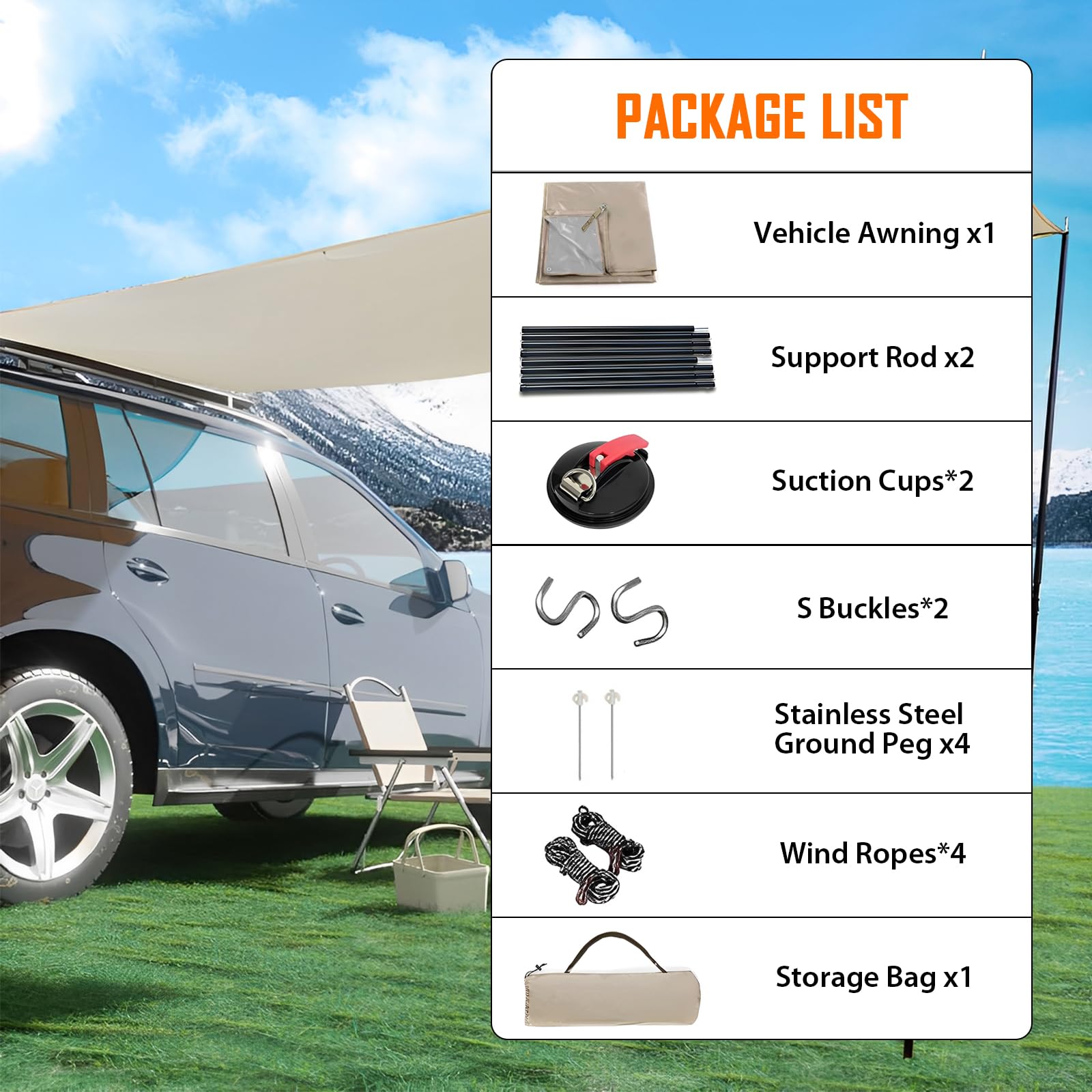 LIROPAU Motorhome Tarp, Auto Camping markisen Wasserdicht und UV-beständig mit 2xZeltstangen,2xSaugnäpfe,4xWindseil,4xErdspieße für Wohnwagen, Campingwagen, Wohnmobil - 2m（H） X 4.3m（W）