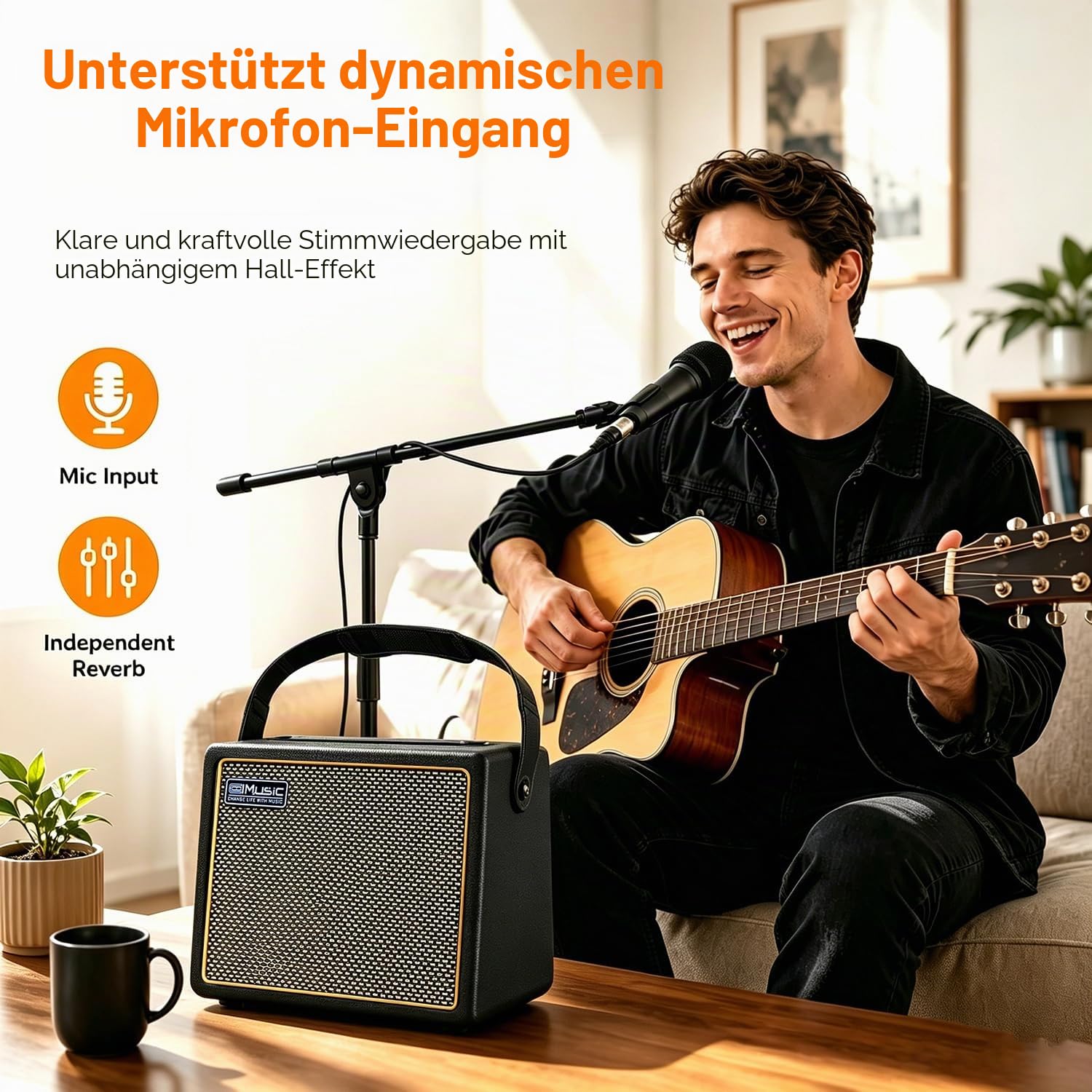 Coolmusic 30W Akustischer E-Gitarrenverstärker BT Tragbarer Gitarrenverstärker Lautsprecher mit Mikrofoneingang Bass Lautstärkeunterstützung Höhenregel Reverb-Effekt