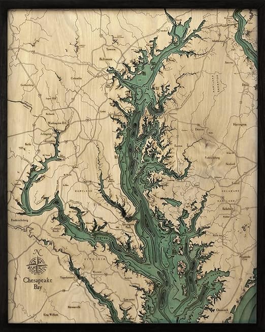 Chesapeake Bay 3-D Nautical Wood Chart, 24.5 x 31