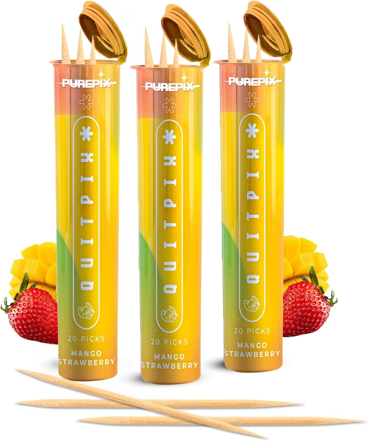PurePix QuitPix Mango Strawberry Flavored Toothpicks, 3-Pack, 60 Count