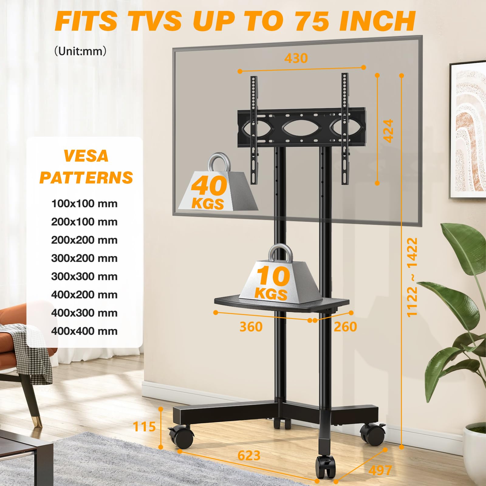 TVON Mobiler TV Ständer Rollbar Fernseherständer mit Rollen für 32-75 Zoll Fernseher, TV Bodenständer Höhenverstellbar TV Wagen mit Ablage bis zu 40 KG Max VESA 400x400 mm
