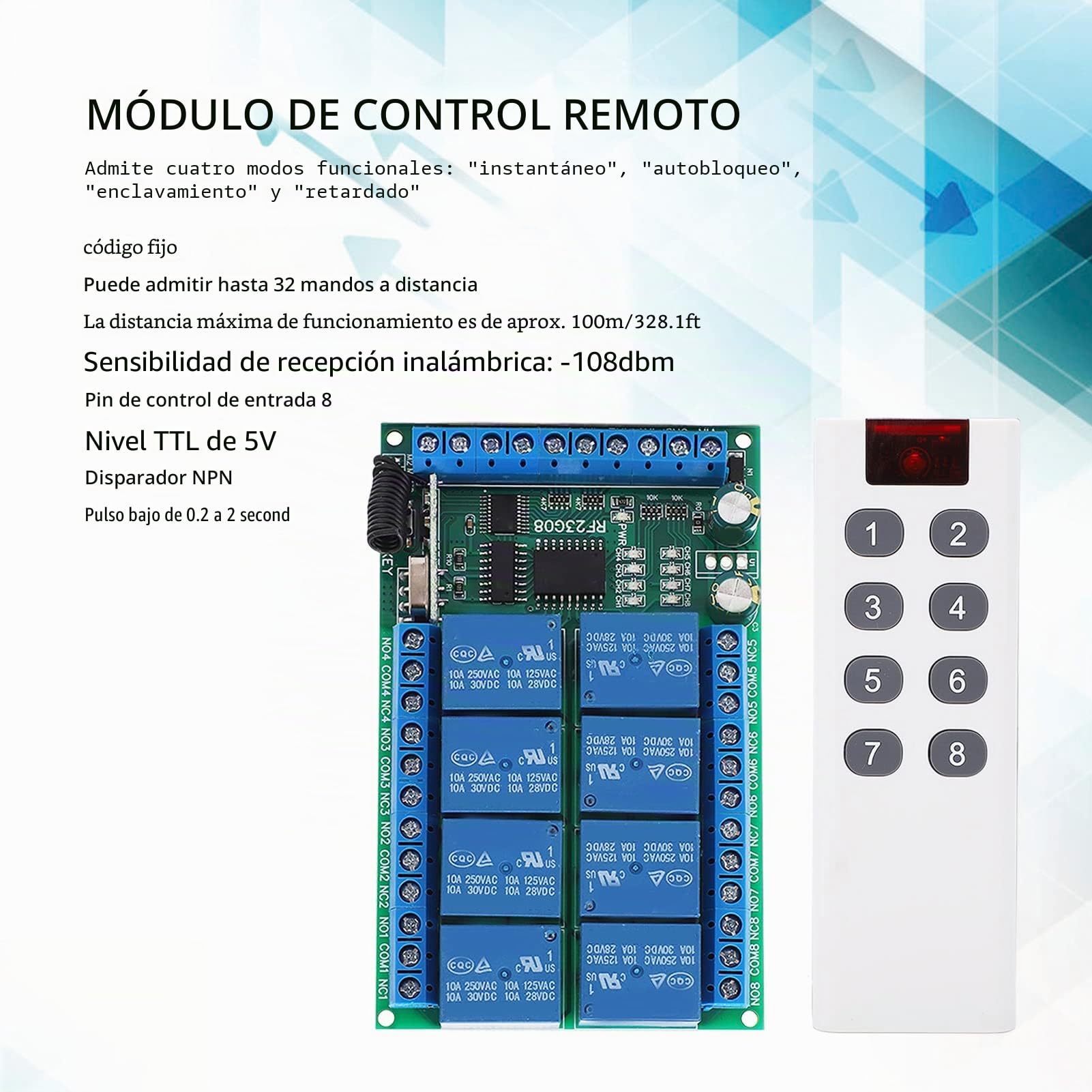 MóDulo de Control Remoto de 8 Canales de 433,92 MHz, CodificacióN Fija de 100M, Adaptable a 32 Control Remoto, Interruptor de Control Remoto InaláMbrico (24V)
