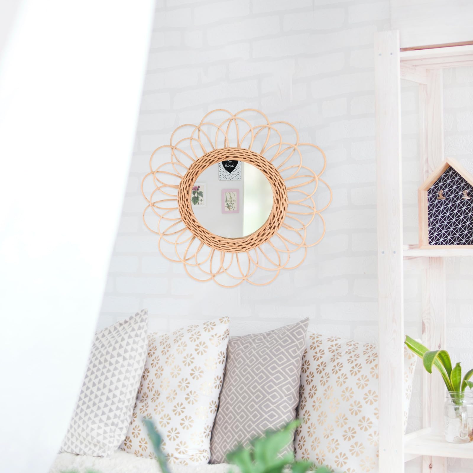 SHINEOFI Specchio da Parete Intrecciato in Legno Khaki Rotondo, Pratico e Minimalista, per Camera da Letto e Soggiorno