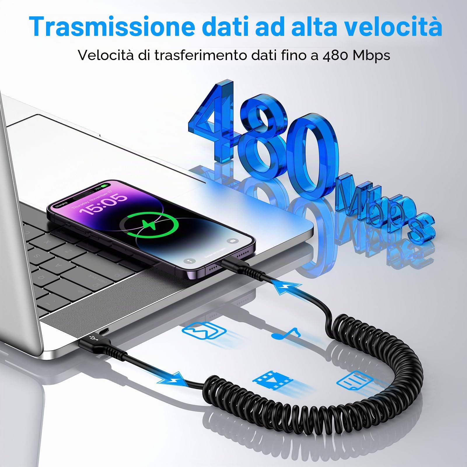 Cavo a spirale USB A a Lightning, [Certificato MFi] Cavo CarPlay per dati, Cavo di ricarica per iPhone Auto USB Lightning Cavo di ricarica rapida per iPhone 14 Pro/14 Plus/14/13/12/11/SE/X/XS/XR/8