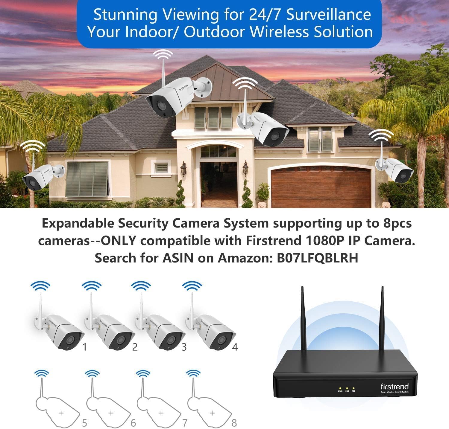 (2026 New) Firstrend WiFi Wireless Security Camera System, 8Ch NVR with 8 CCTV Bullet Cameras & 3TB HDD, AI Human Detection, 2-Way Audio, IP66 Waterproof, H.265, 24/7 Recording