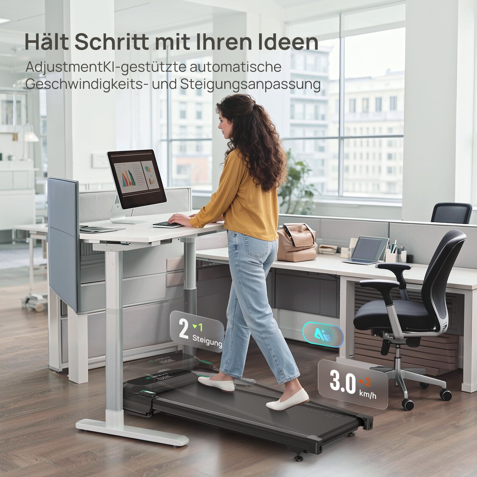 UREVO Automatische Steigung Walking Pad Mit KI-App, Laufband Schreibtisch, Leises Laufband mit bürstenlosem Motor für Wohnungen, kleine Räume und Homeoffice, 12-Punkt-Stoßdämpfung & virtuelles Wandern