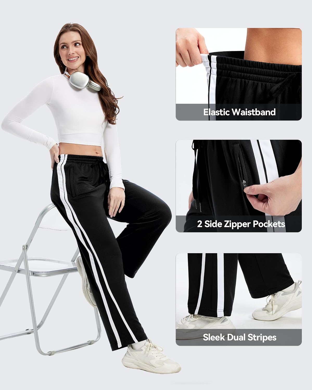 Women's Track Pants Straight Leg Sweatpants Side Striped Jogging Warm Up Athletic Running Pants with Zipper Pockets
