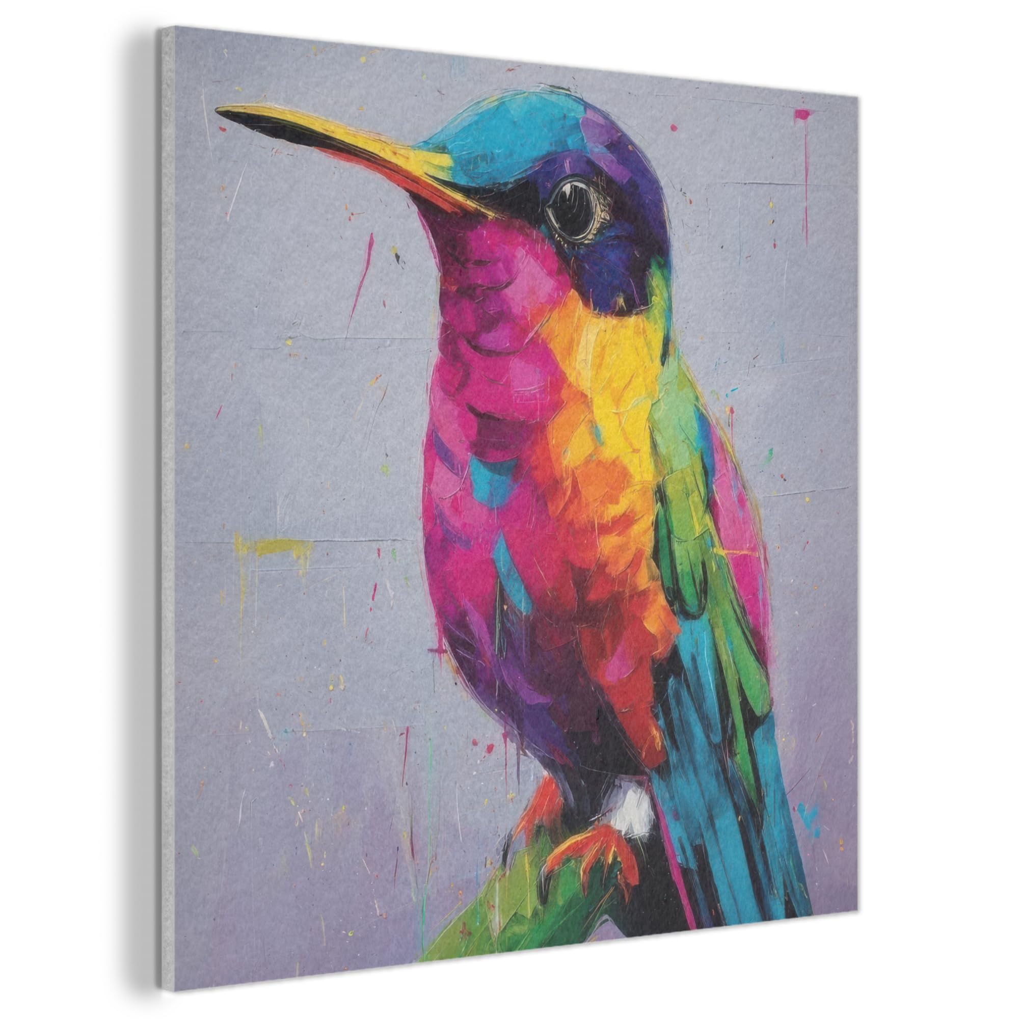 MuchoWow© Felt Panel 60x60 cm House Touch for Living Space Modern Visuals Decoration Wall Art Hummingbird - Bird - Rainbow colors - Paint strokes