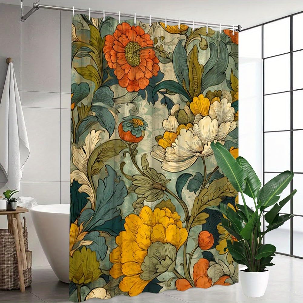 GLWDMB 1 Piece 90x180CM Vintage Watercolor Botanical Floral Printed Shower Curtain With Hook, Polyester, for Windows And Walls, Bathtub, Bathroom, Machine Washable, All Season Universal