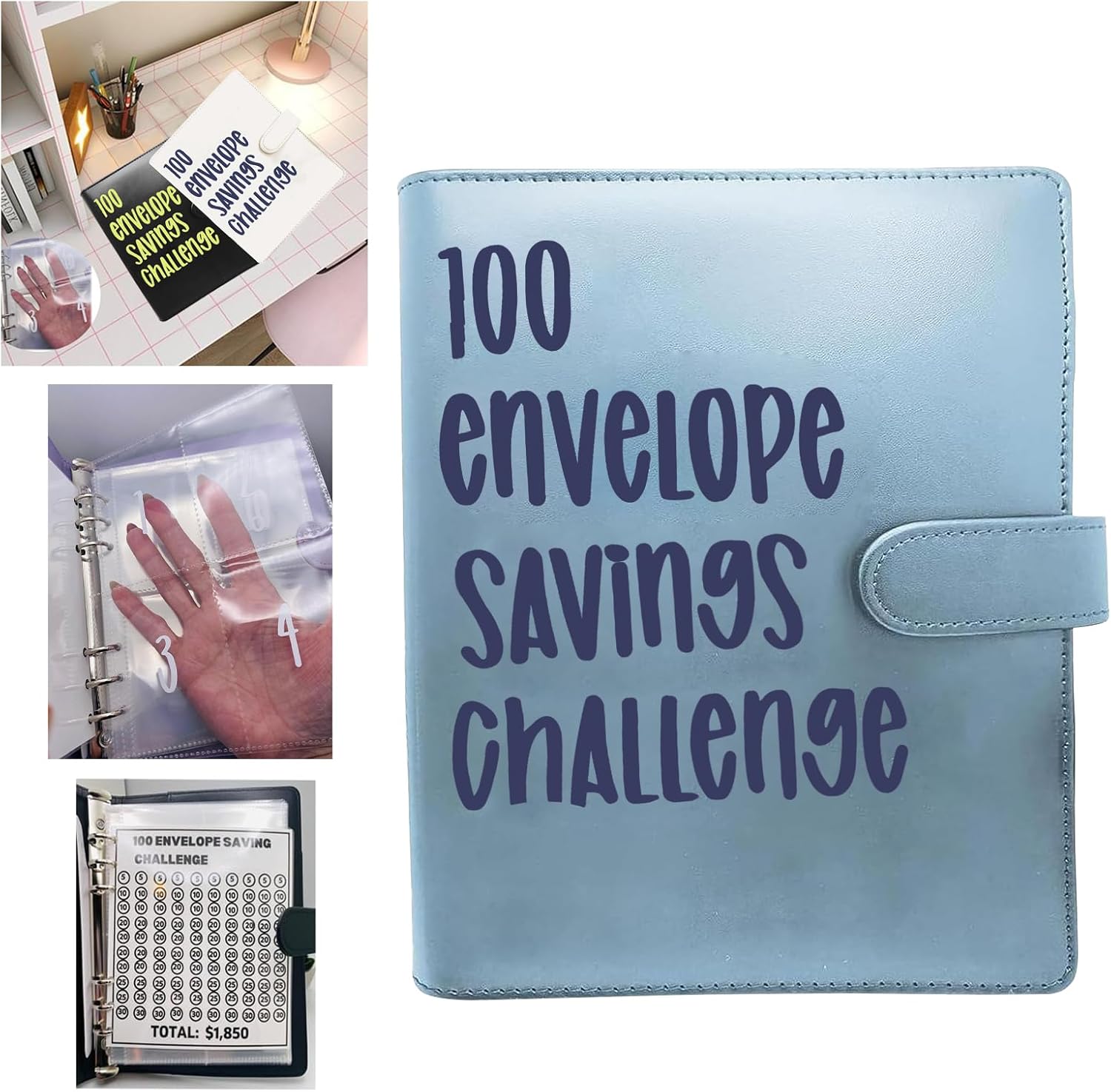 100 Envelope Savings Challenge Binder, Fun Way to Save $5,050, Savings Challenges Book with Envelopes, Savings Challenges Budget Book Binder, 100 Envelopes Money Saving Challenge Book (Blue)