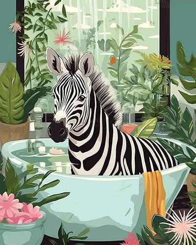 Miniatura 2 de Tucocoo Pintura por números para adultos, baño, animales, bricolaje, pintura al óleo digital, pintura acrílica, cebra, arte de pared, hojas verdes,