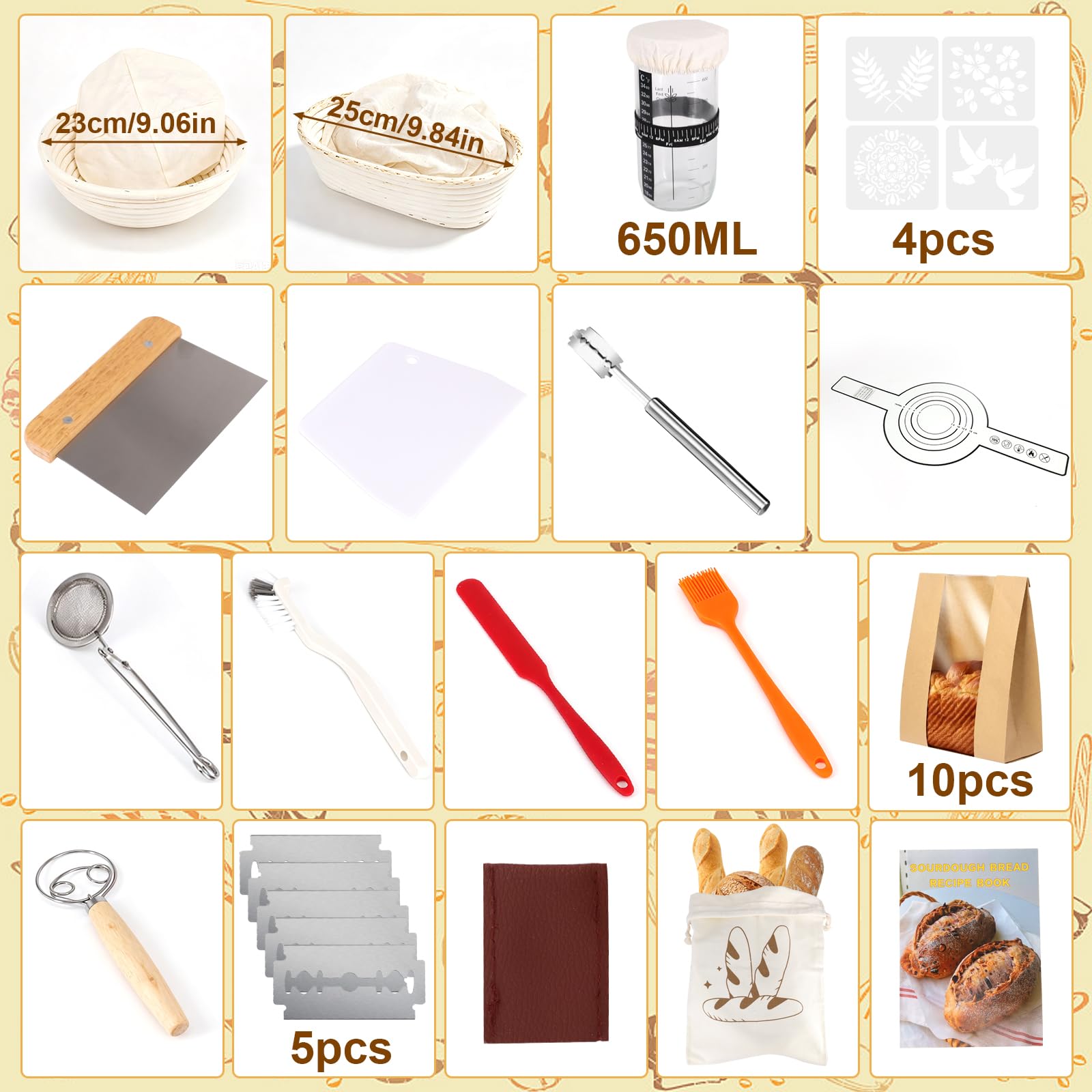 31 Piezas Banetones para Pan, Cesta de Fermentación para Pan con 23cm Ovalada + 25cm Redondo, Tarro de Fermentación, Bolsa de Almacenamiento, Accesorios para Hornear Pan
