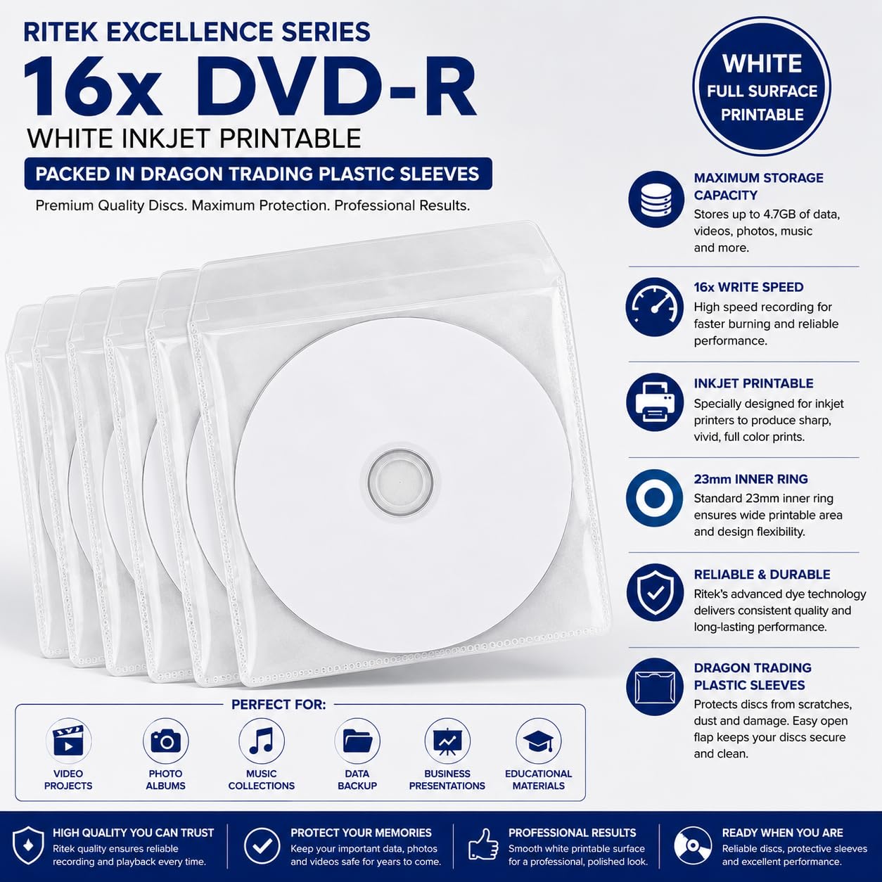 Ritek Lot de 5 DVD-R vierges imprimables à jet d'encre avec une vitesse d'écriture de 16x dans des pochettes en plastique avec rabat Blanc