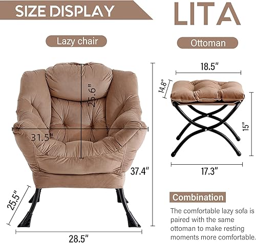 Miniatura 3 de LITA - Silla perezosa con otomana, moderna silla de descanso tapizada de ocio, sillas de lectura contemporáneas con reposabrazos y bolsillo lateral