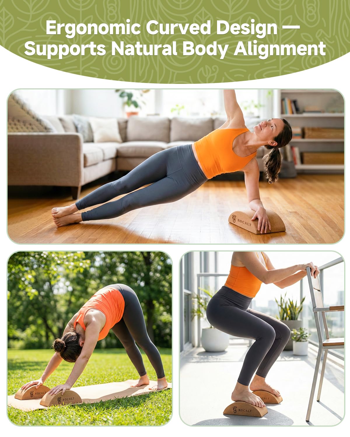 Rocalt Kork-Yoga-Blöcke, Halbmond-Dehnungswerkzeug für Fuß und Wade | Trainings-Guide-Karte, gebogene ergonomische Form, 24,1 x 8,9 x 10,2 cm, für Bögen, Knöchel, Pilates und Reisen