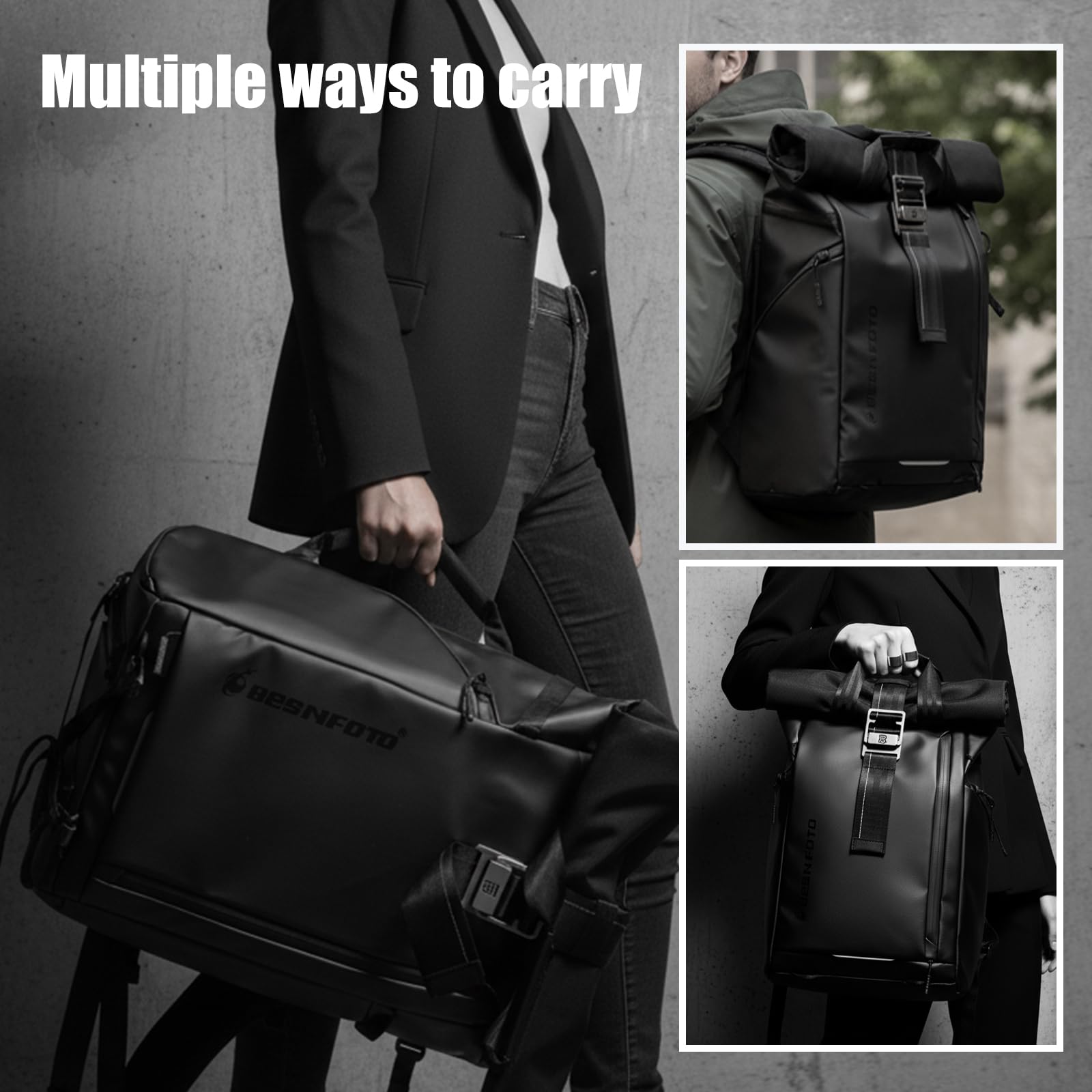 Besnfoto Zaino per fotocamera impermeabile, borsa per fotografia Roll Top per fotocamera DSLR SLR Mirrorless con scomparto per laptop, Nero II, Large, Borsa per fotocamera portatile