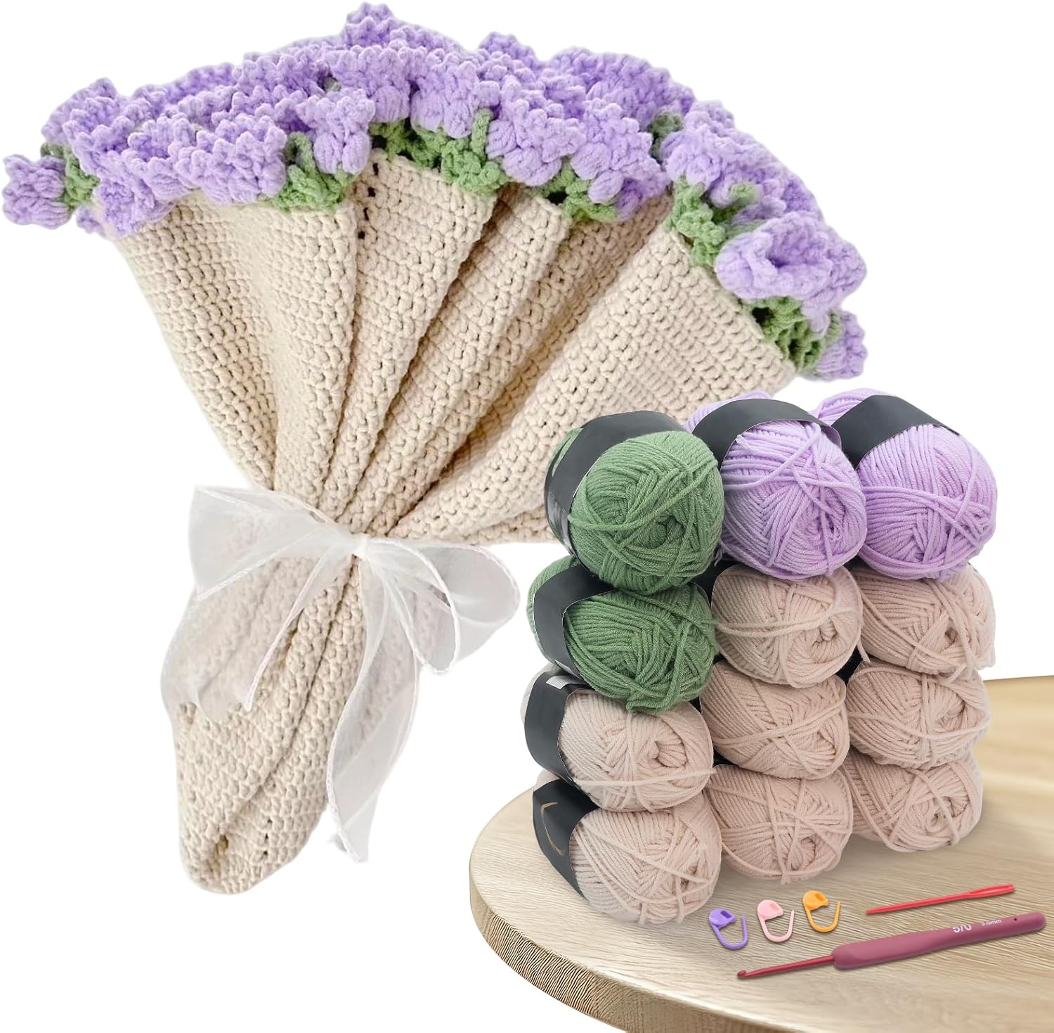 HYAMVOR DIY Crochet Flowers Bouquet Blanket Kit, Handmade 43 inches Throw Knitting Kits for Adults, 12 Yarn Ball with Crochet Hook,Yarn Needle,Stitch Marker (Lily of the Valley)