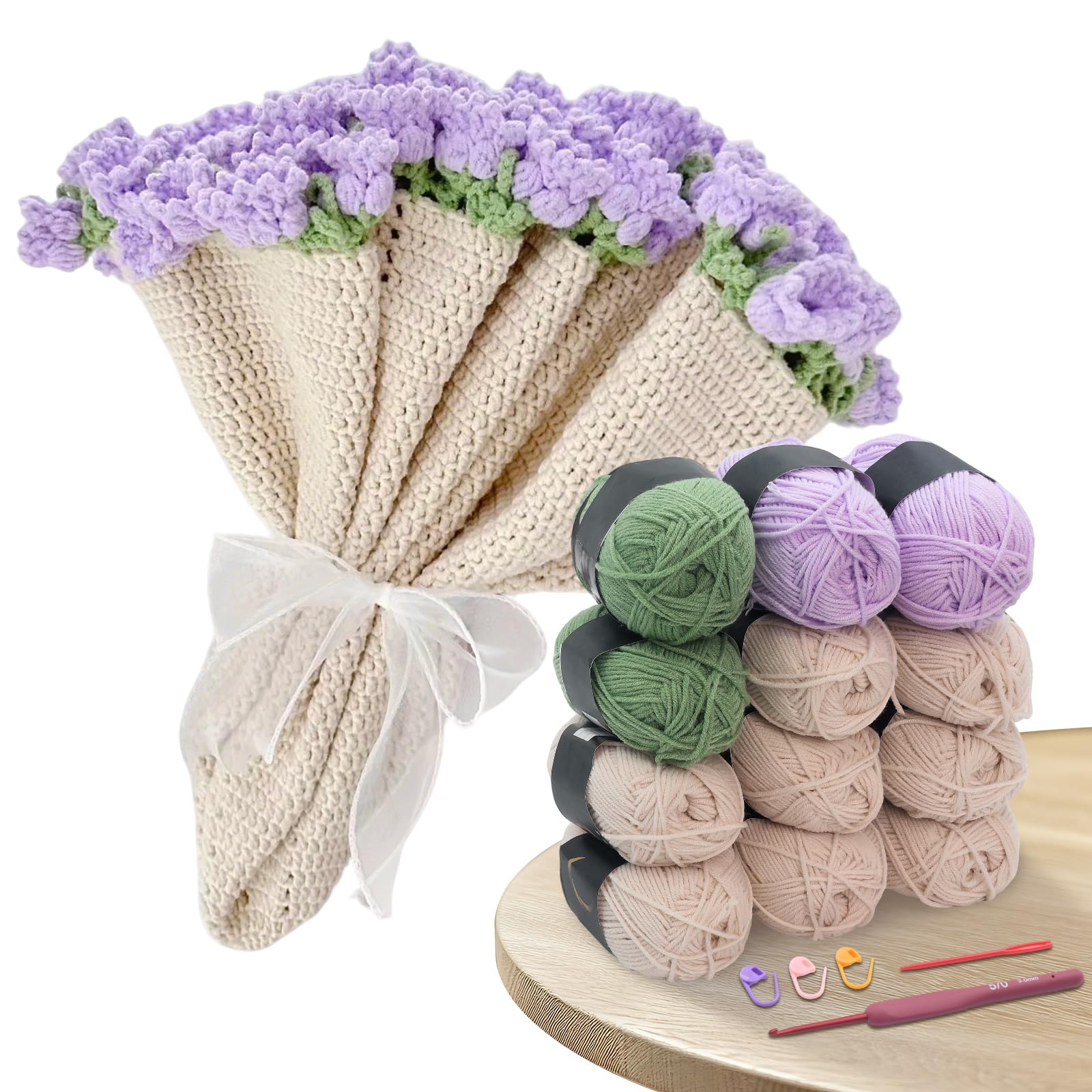 HYAMVOR DIY Crochet Flowers Bouquet Blanket Kit, Handmade 43 inches Throw Knitting Kits for Adults, 12 Yarn Ball with Crochet Hook,Yarn Needle,Stitch Marker (Lily of the Valley)