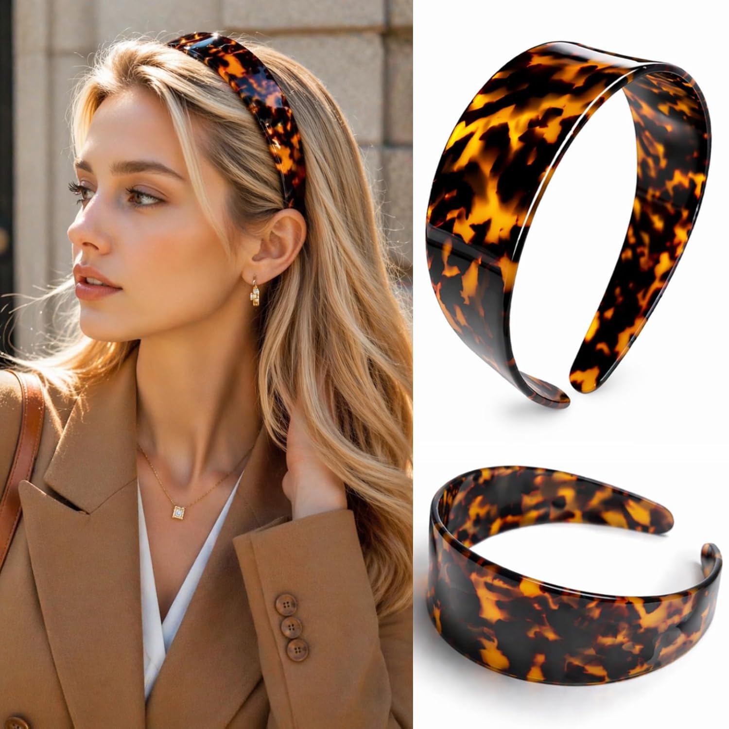 Tortoise Shell Headband, Thick Headbands for Women No Slip Versatile Head band 100% Cellulose Acetate Retro 1.53in Handmade Wide Headband with Teeth