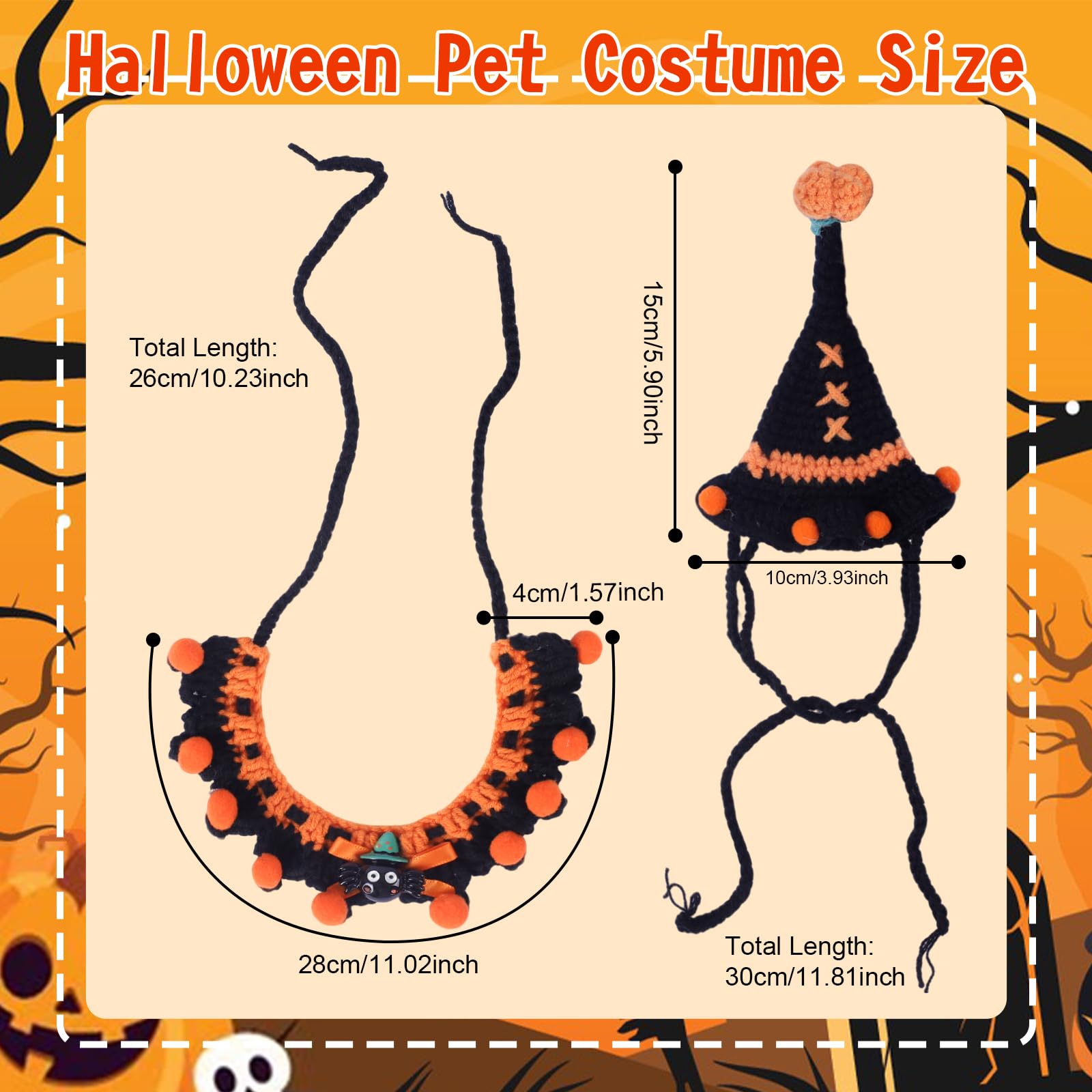 Kunyeah Halloween Pet Costume Set for Cats Small Dog Adjustable Knitted Hat Scarf Pumpkin & Witch Print Puppy Bib Cute Crochet Cat Collar Cap Pet Apparel Outfit (Orange-Ball) - Image 4