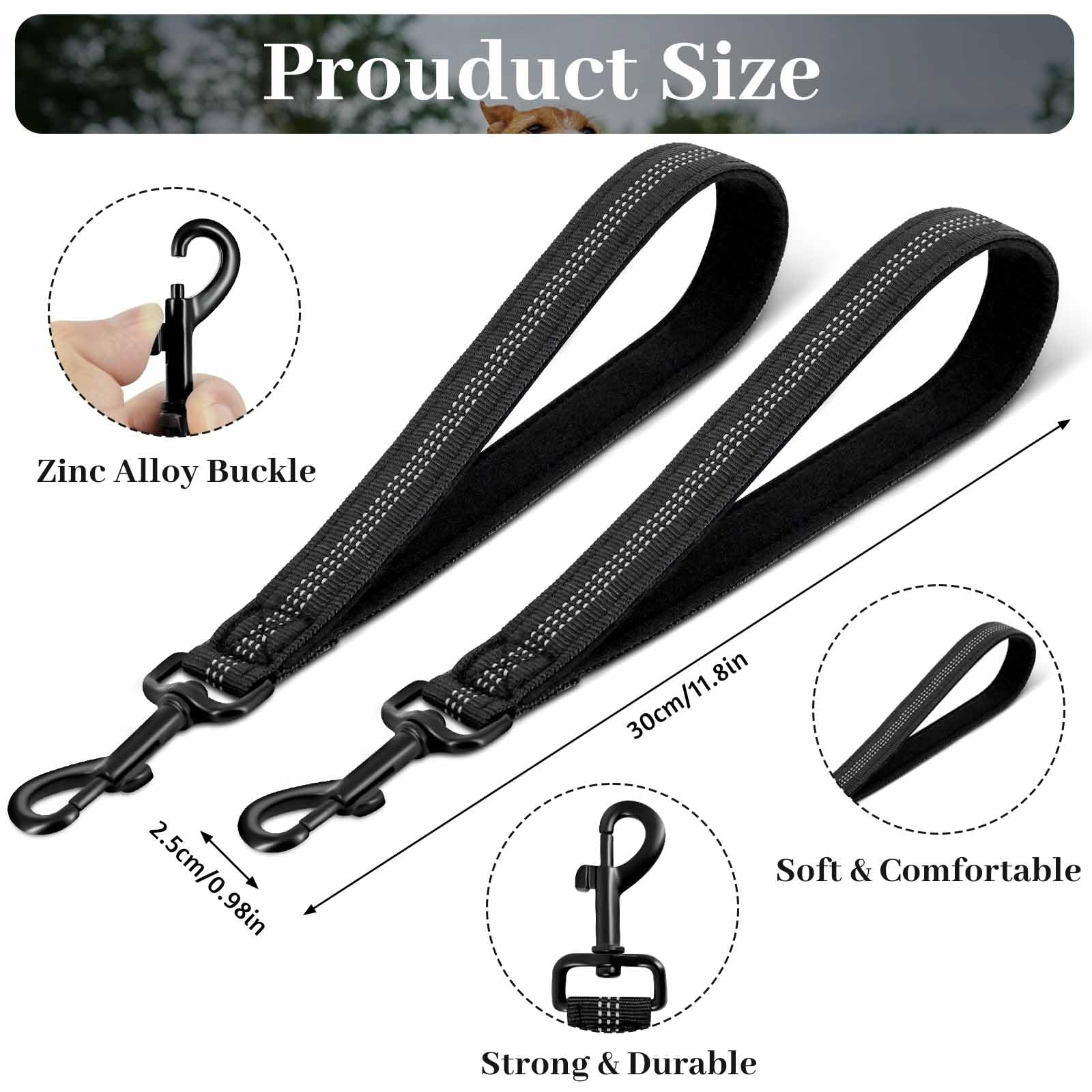 Reflective Short Dog Lead with Padded Handle - Durable Nylon Traffic Lead Training Walking Leash for Medium Large Dog (Black, 11.8IN) - Image 2