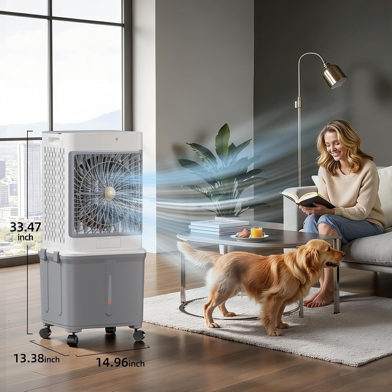 Flymoon Upgraded Cooling Technology 10 Gallon Portable Evaporative Cooler, featuring 120° oscillation, a 7-hour timer, a remote control, and a removable water tank. Includes free aroma diffuser pad.