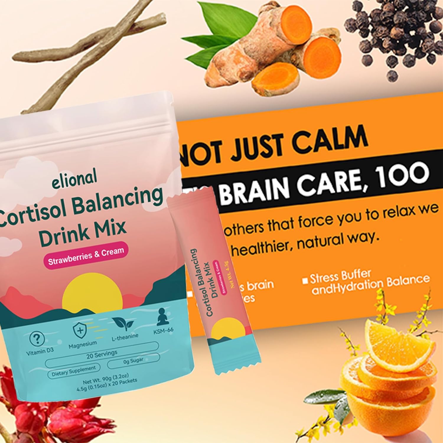 Cortisol Drink Mix for Mental Clarity & Digestive Comfort – Ashwagandha + L-Theanine Powder – Strawberries Cream Flavor – 20 (Strawberries & Cream)