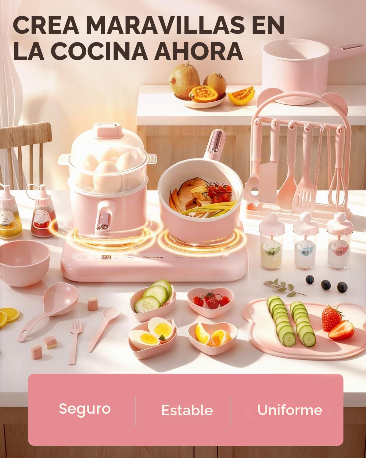 BICRET Juego de Cocina Eléctrica para Niños con Doble Fuego, Accesorios Completos, Incluye Utensilios de Cocina y Cuchillo de Chef Seguro, para Niños de 8 a 12 Años (Rosa)