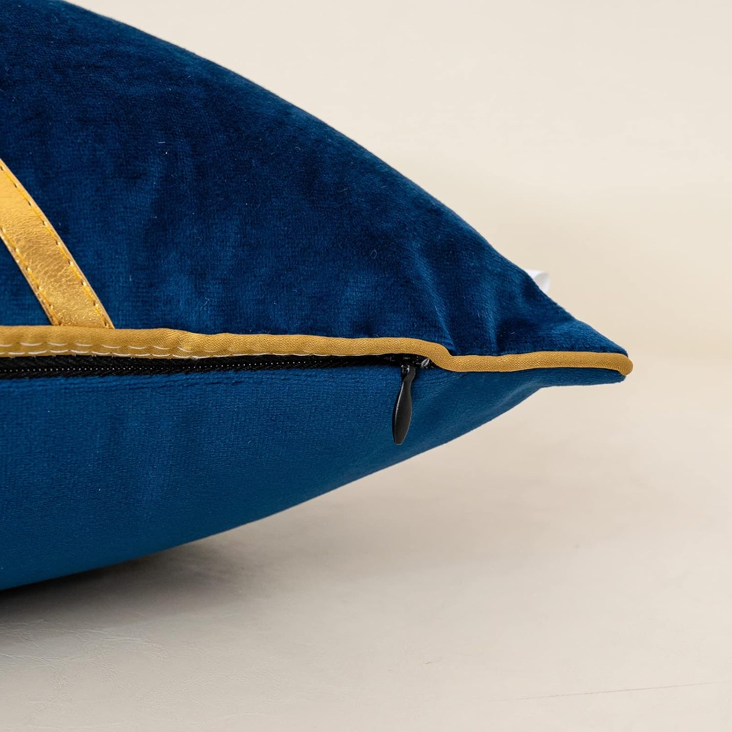 Alerfa 20 x 20 Inch Navy Blue Beige Gold Leather Patchwork Velvet & Polyester Cushion Case Luxury Modern Square Throw Pillow Cover Decorative Pillow for Couch Sofa Living Room Bedroom Car 50 x 50cm - Image 6