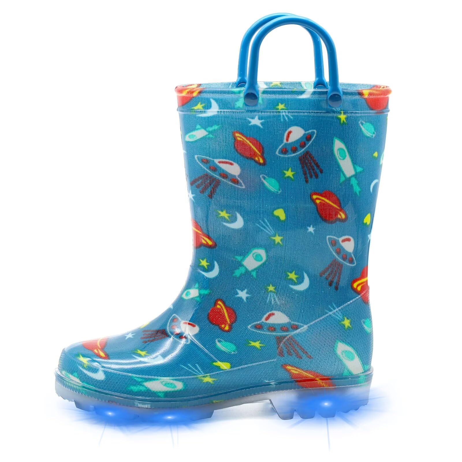 EUXTERPA Toddler Kids Waterproof Light Up Rain Boots Patterns and Glitter Boots with Handles for Boys Girls