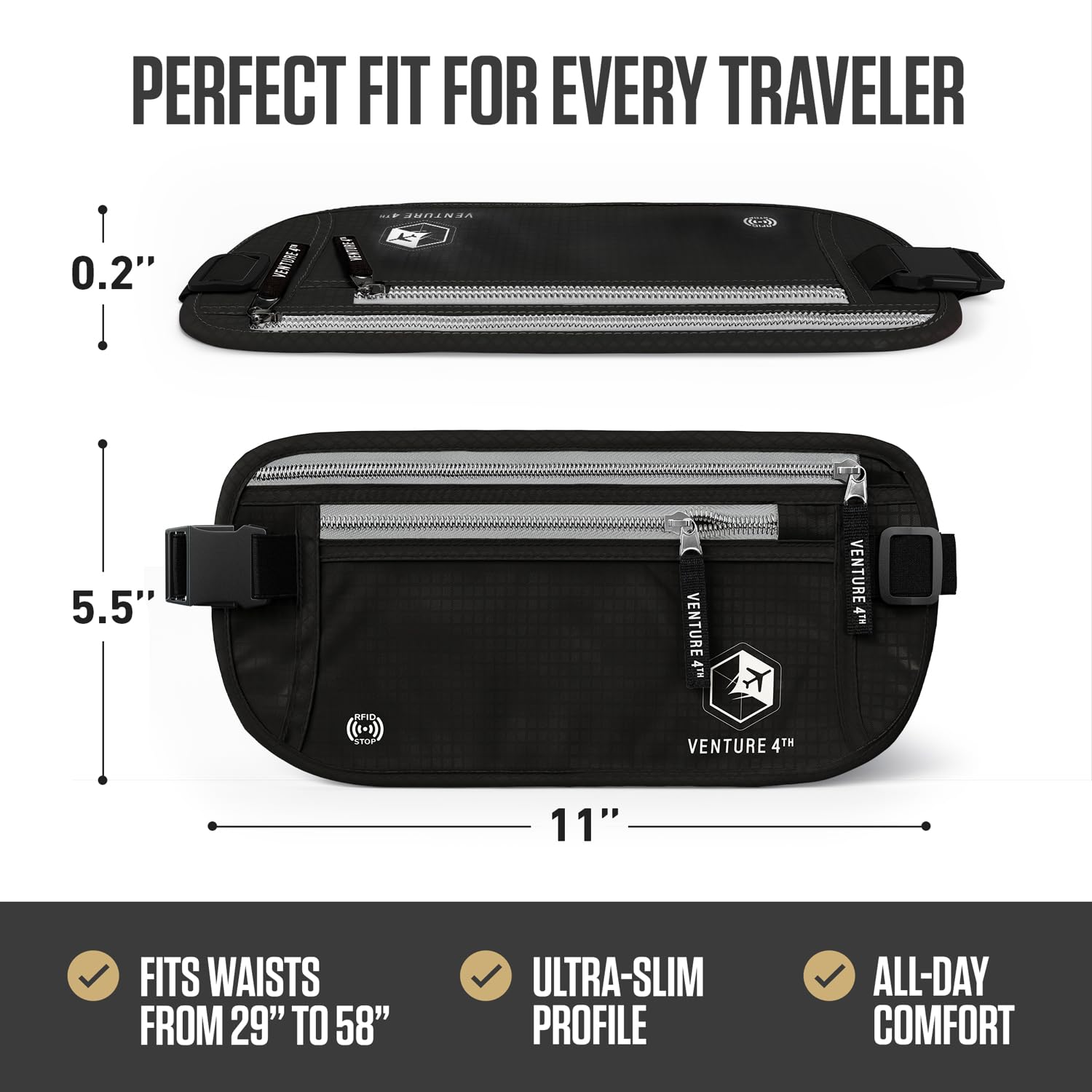 Slim Minimalist Design RFID Money Belt with RFID Blocking Sleeves, for Men and Women – Ideal for Keeping Your Cash, Credit Card, Passport, Phone Safe When Traveling