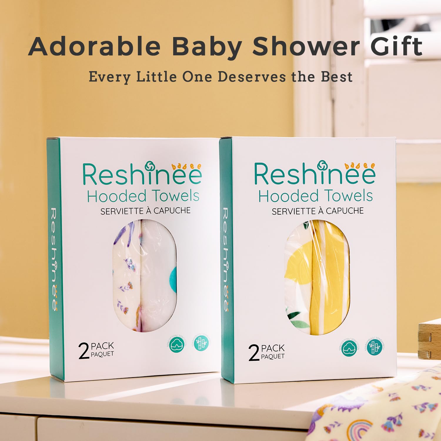 babee Reshinee Paquete de 2 toallas con capucha para bebé, toallas de baño de viscosa de bambú suaves para recién nacidos, regalos de baby shower, esenciales de baño para niñas pequeñas (limón, 29 x