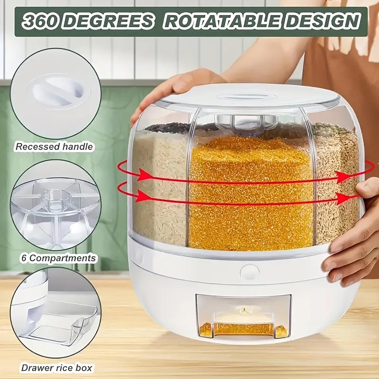 360° Rotating Grain Dispenser, 6-Grid Large Rice Storage Container (13 Lbs), One-Click Output Sealed Food Storage for Rice, Beans, Cereal - Countertop Kitchen Organization