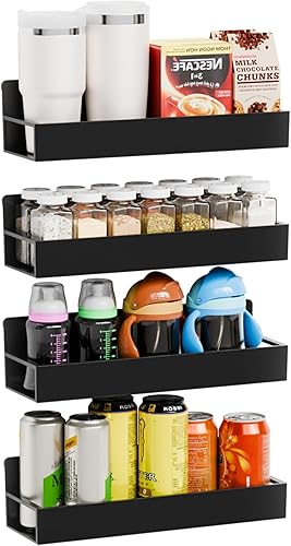 Yieach Paquete de 4 soportes de pared negros para especias con adhesivo, 11.5 pulgadas de largo x 3.6 pulgadas de ancho, organizador de especias