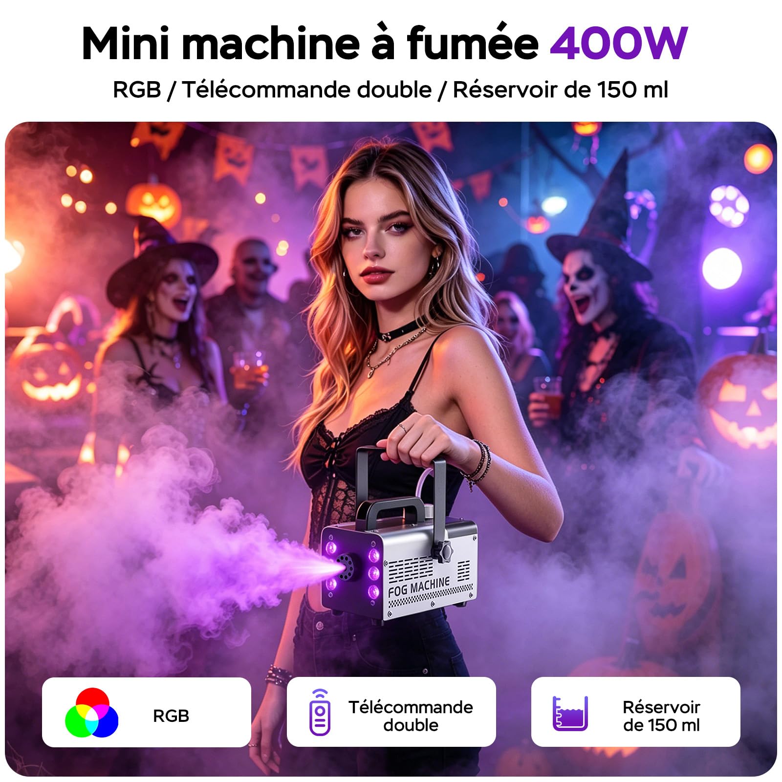 Machine à Fumée Mini Machine à Brouillard avec 6 LED Lumières Contrôlables en Couleur, 400 W avec télécommande, DJ Mariage Halloween Fête et Spectacle Noël Contrôle double mode