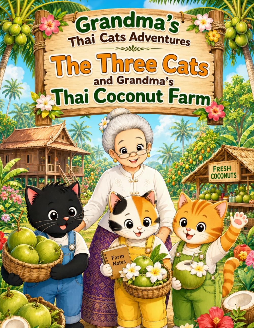The Three Cats and Grandma's Thai Coconut Farm: A Cute Cat Adventure and Cozy Tropical Coloring Book for Kids and Adults (Grandma's Thai Cats Adventures)