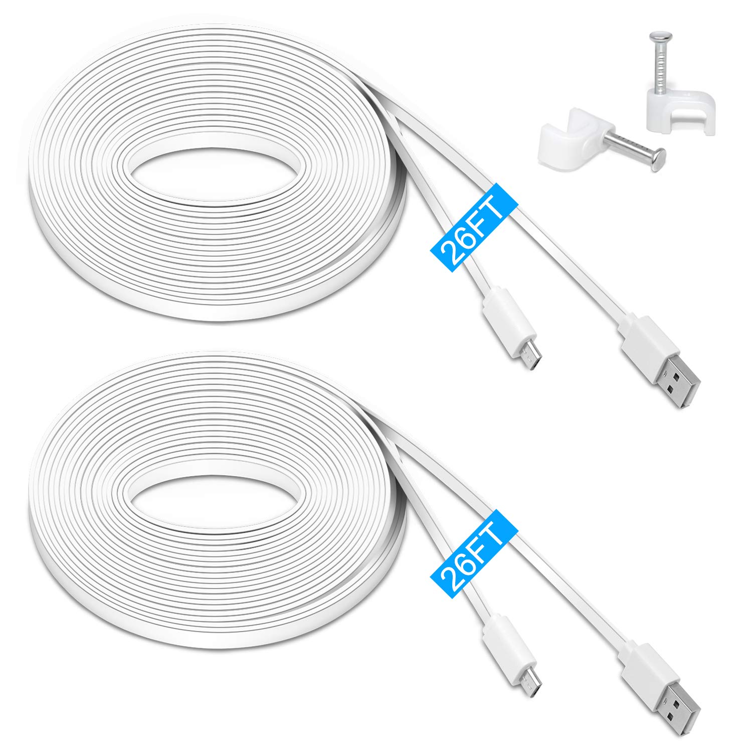 FASTSNAIL [2Pack] 26ft Extension Power Cable for Neos SmartCam, Nest Camera Indoor, YI Camera, Blink Camera Indoor, WyzeCam Pan, Netvue, Arlo Q etc, USB Flat Charging Cable for Surveillance Cameras