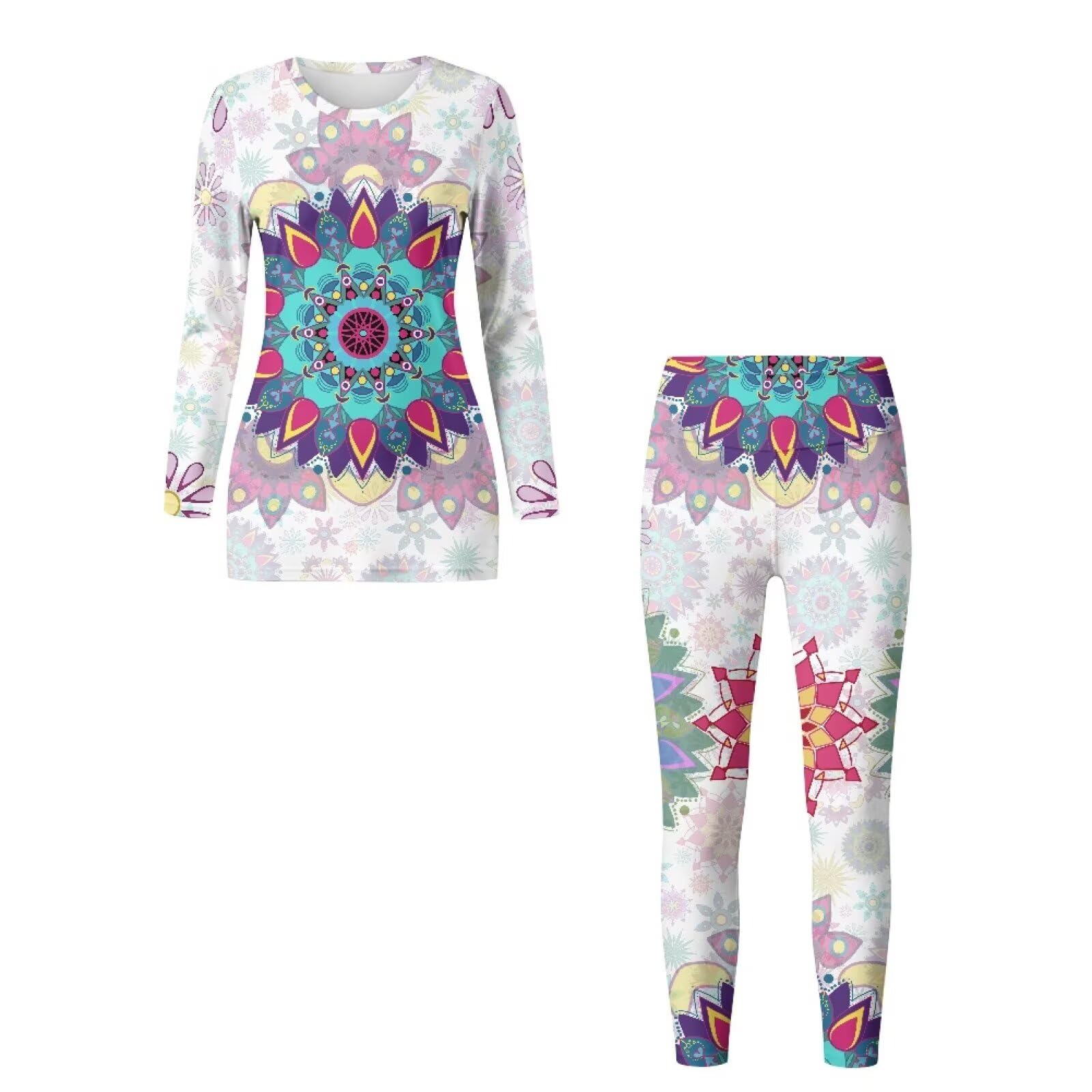 Mandala - Conjunto de yoga para mujer, 2 piezas, manga larga, cuello redondo, levantamiento de glúteos, conjunto de entrenamiento