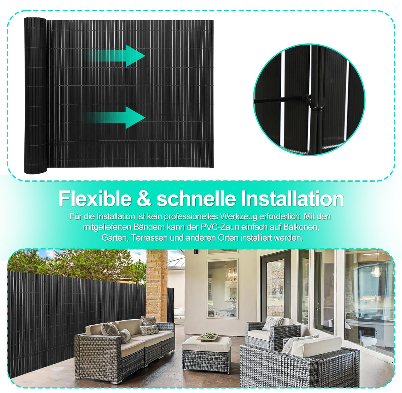 PVC Sichtschutzmatte, 100x600cm Sichtschutz Balkon,Sichtschutz Zaun mit W-Rippenverstärkungen und Kabelbindern,Windschutz Sichtschutz UV-beständig Wetterfest,für Zaun Garten,Anthrazit