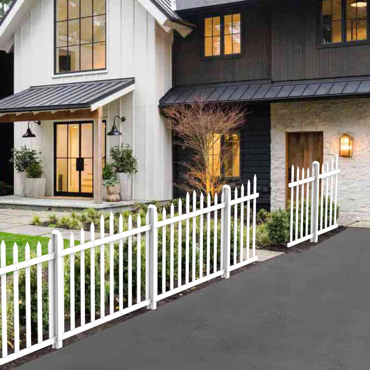 White Vinyl Picket Fence 36" H × 84" W for Concrete Ground Garden Decorative Temporary Scallop Top Style Fence Panel with 20 Pickets for Patio, Backyard, Dogs, Animal Barrier, Pools(1 Pack)