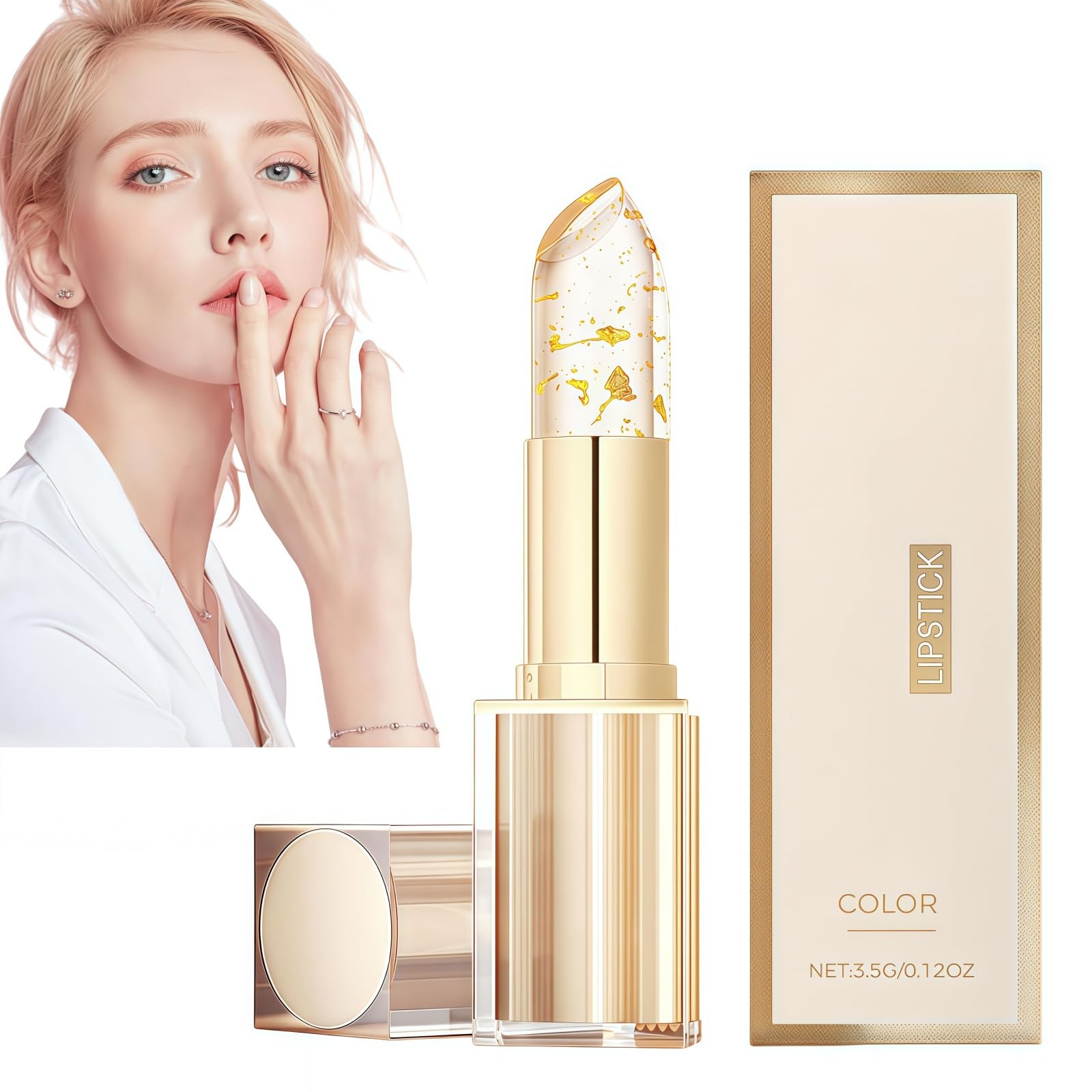 Transfer-Proof Color Changing Lipstick with Gold Foil,Transparente Transferproof Gold Crystal Color Changing Lip Stick,24h Long-Lasting Hydration & Glossy Shine Lip Gloss,Colour Changing Lipstick