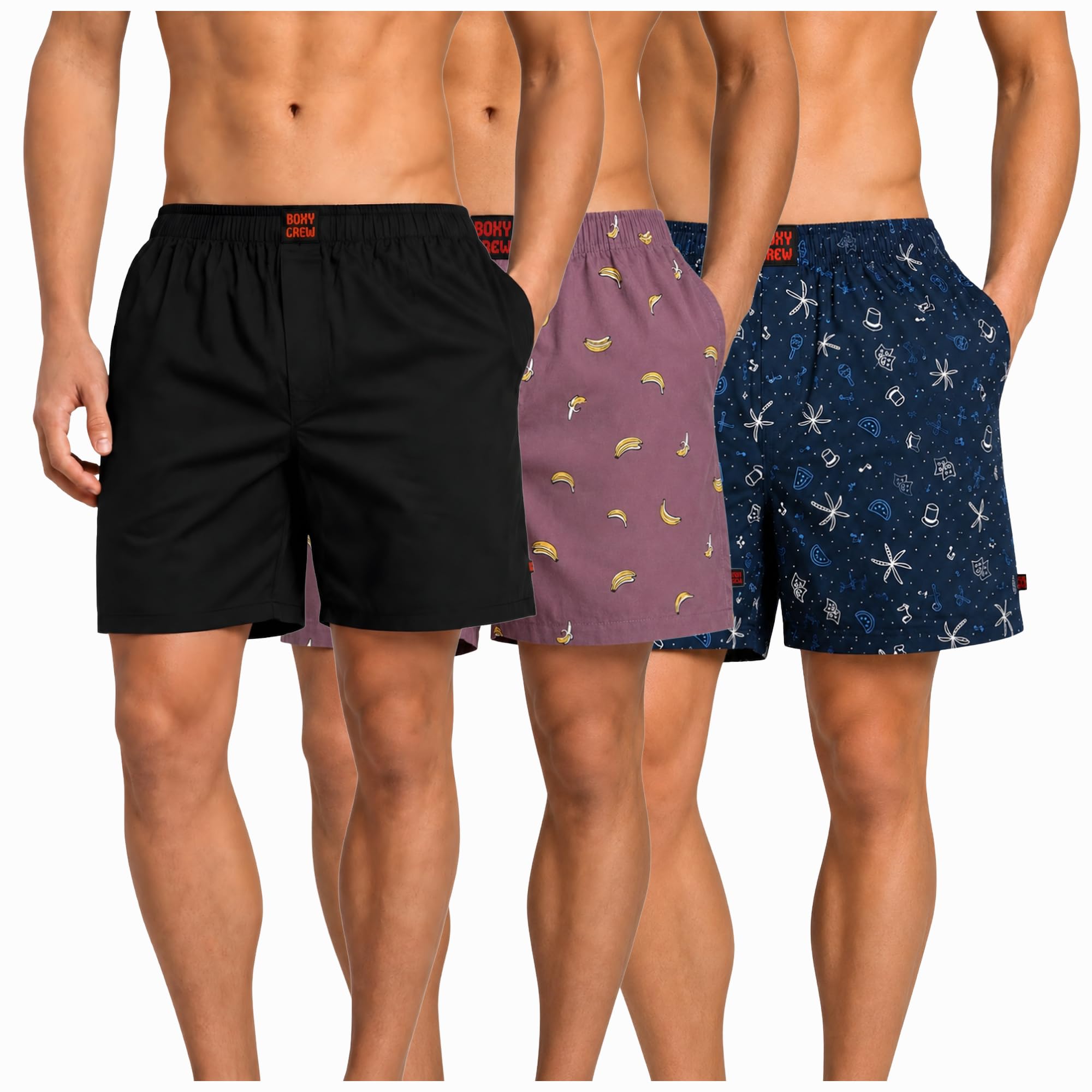 Men's 100% Cotton Boxer Shorts Pack of 3, Black, Rose Pink & Navy Blue | Woven Boxers with Side Pockets, No-Marks Elastic Waistband, Breathable Relaxed Fit | Style 001-006-007-image-24