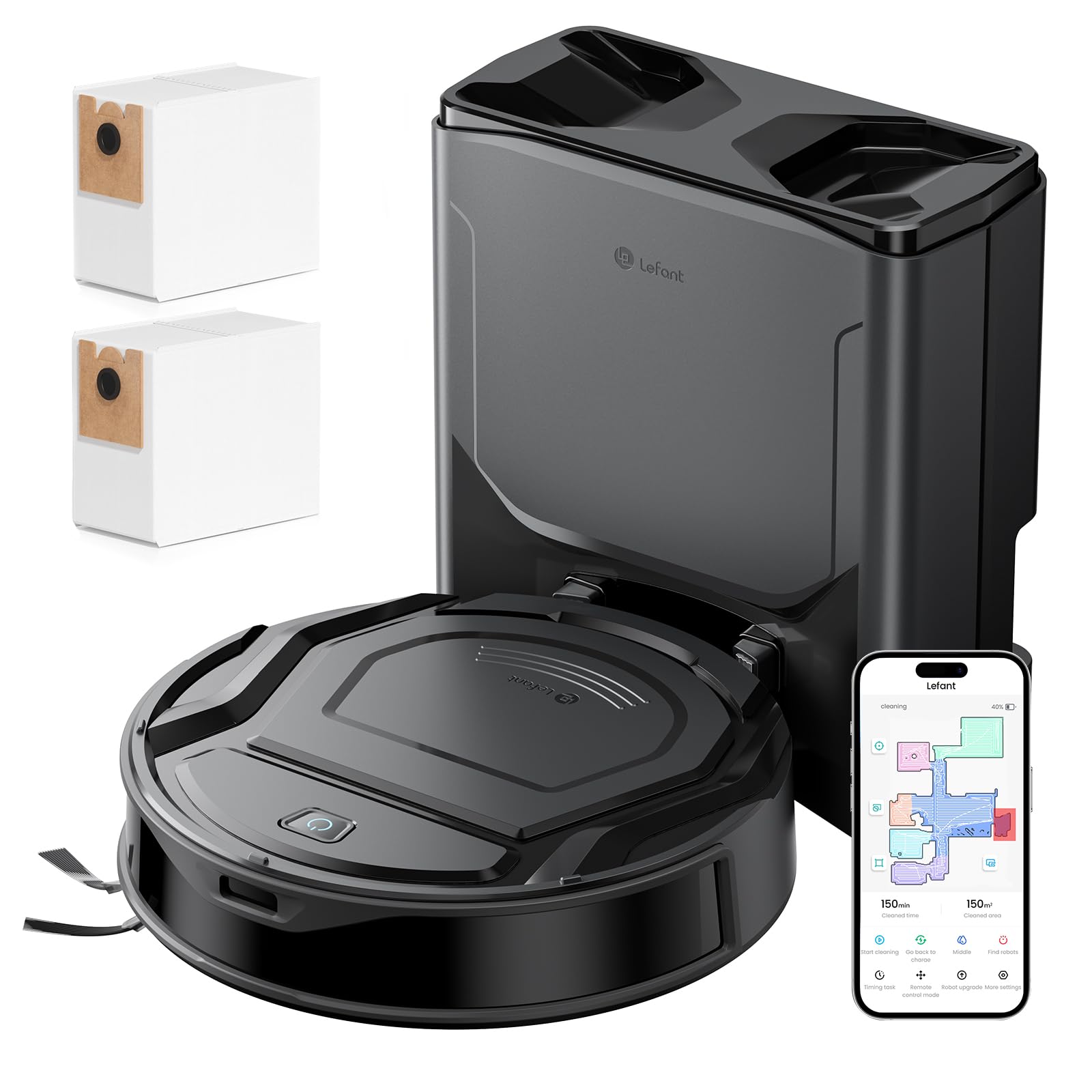 Lefant M210 PLUS Robot Aspirapolvere con Mappatura Laser, 6000Pa, Ultrasottile 8cm, 150 Min, Senza Grovigli, Stazione di Raccolta Automatica 2L, Wi-Fi/APP/Alexa, Nero